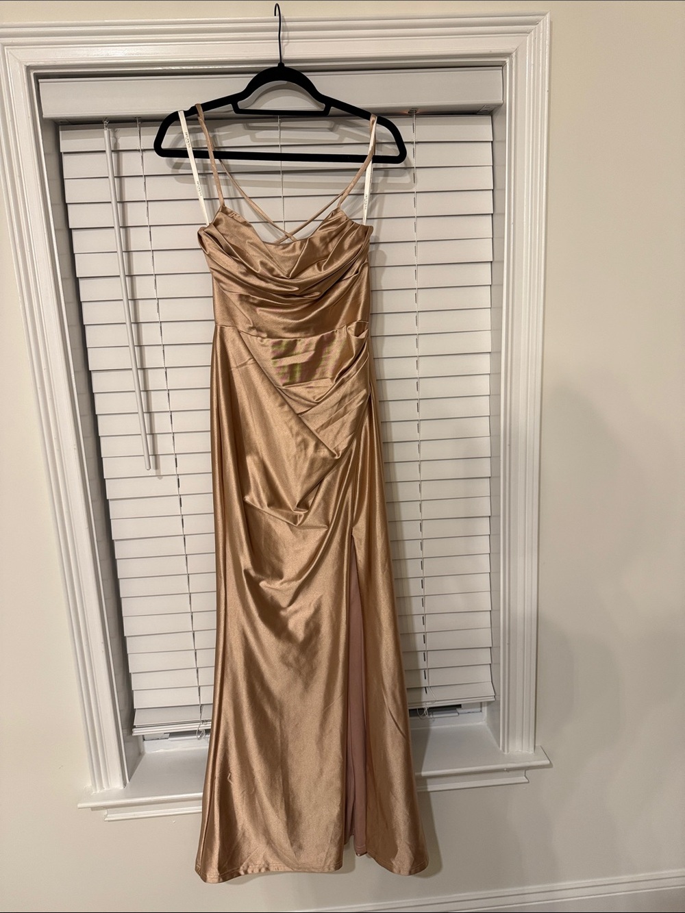 Strapless Satin Evening Gown in Champagne Gold